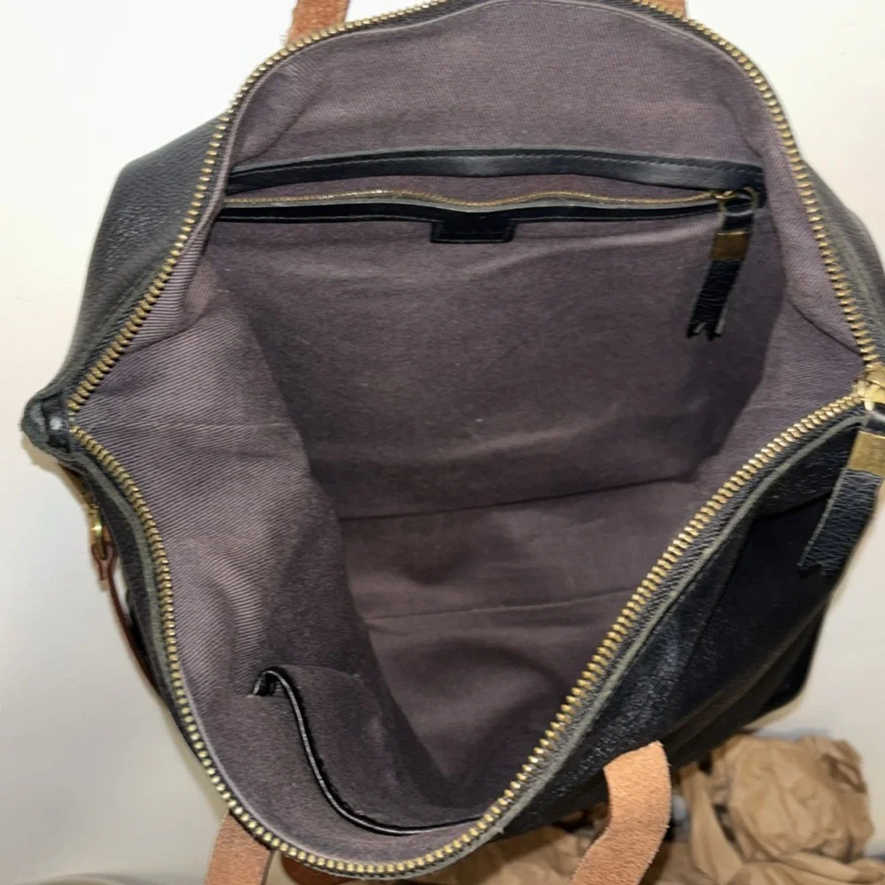 Madewell zip top transport carry all Black Leather Tote Bag monogram initials